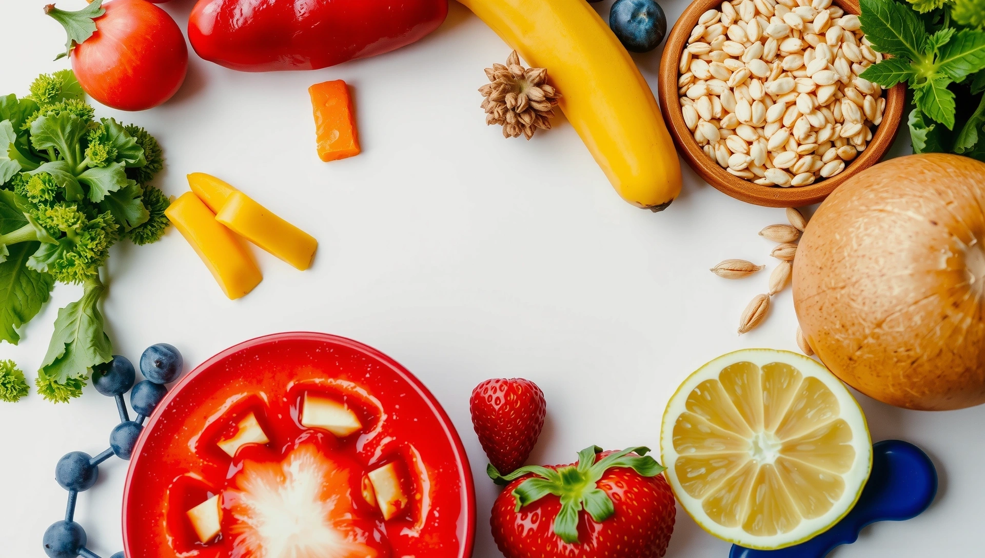 Sfondo vibrante di elementi naturali e nutrizionali che evocano salute e benessere