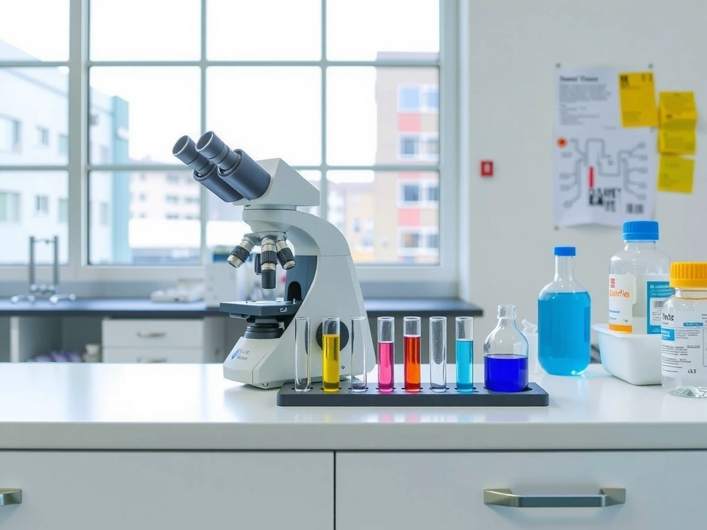 Microscopio e provette in un laboratorio moderno, simbolo di ricerca scientifica