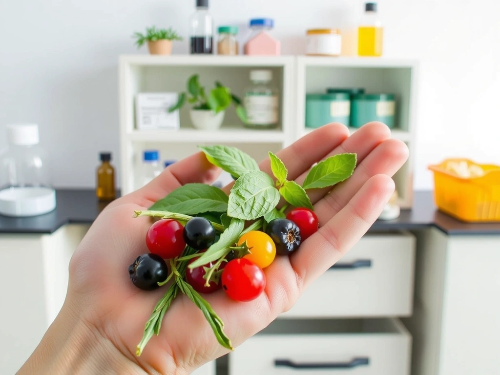 Mano che tiene una manciata di erbe aromatiche fresche e bacche, con uno sfondo sfocato di un laboratorio moderno e pulito.